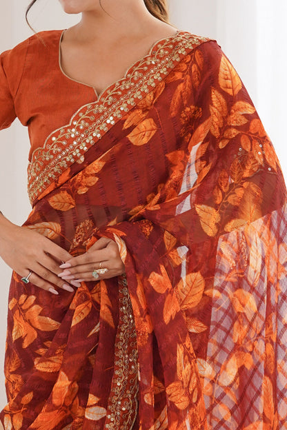 Rust Pure Georgette Floral Print Sequins Saree 