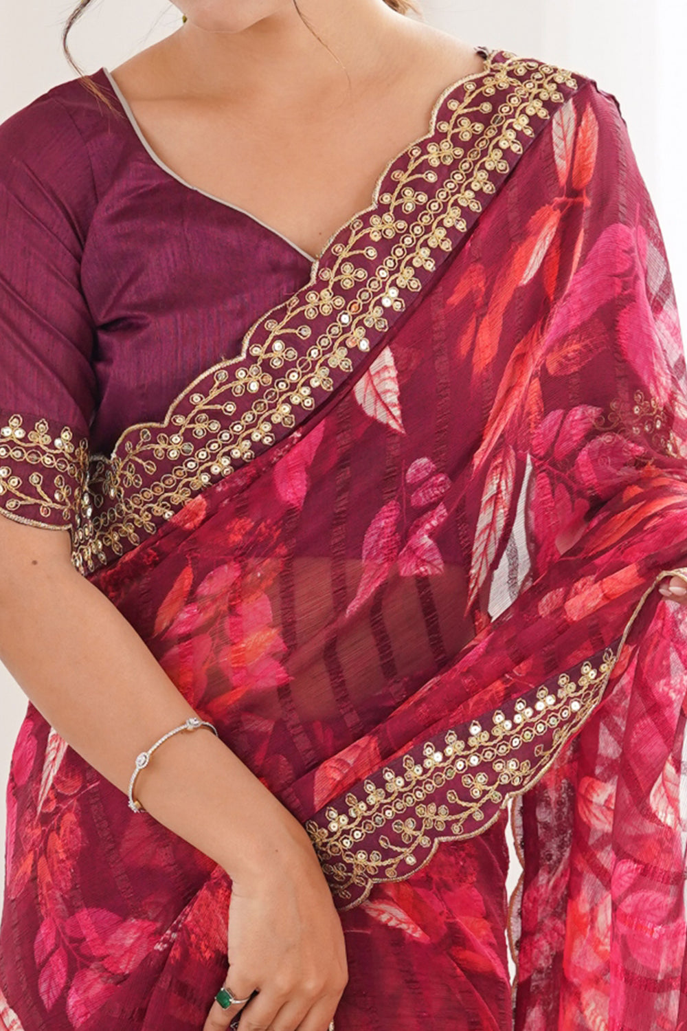 Wine Pure Georgette Floral Print Sequins Saree 