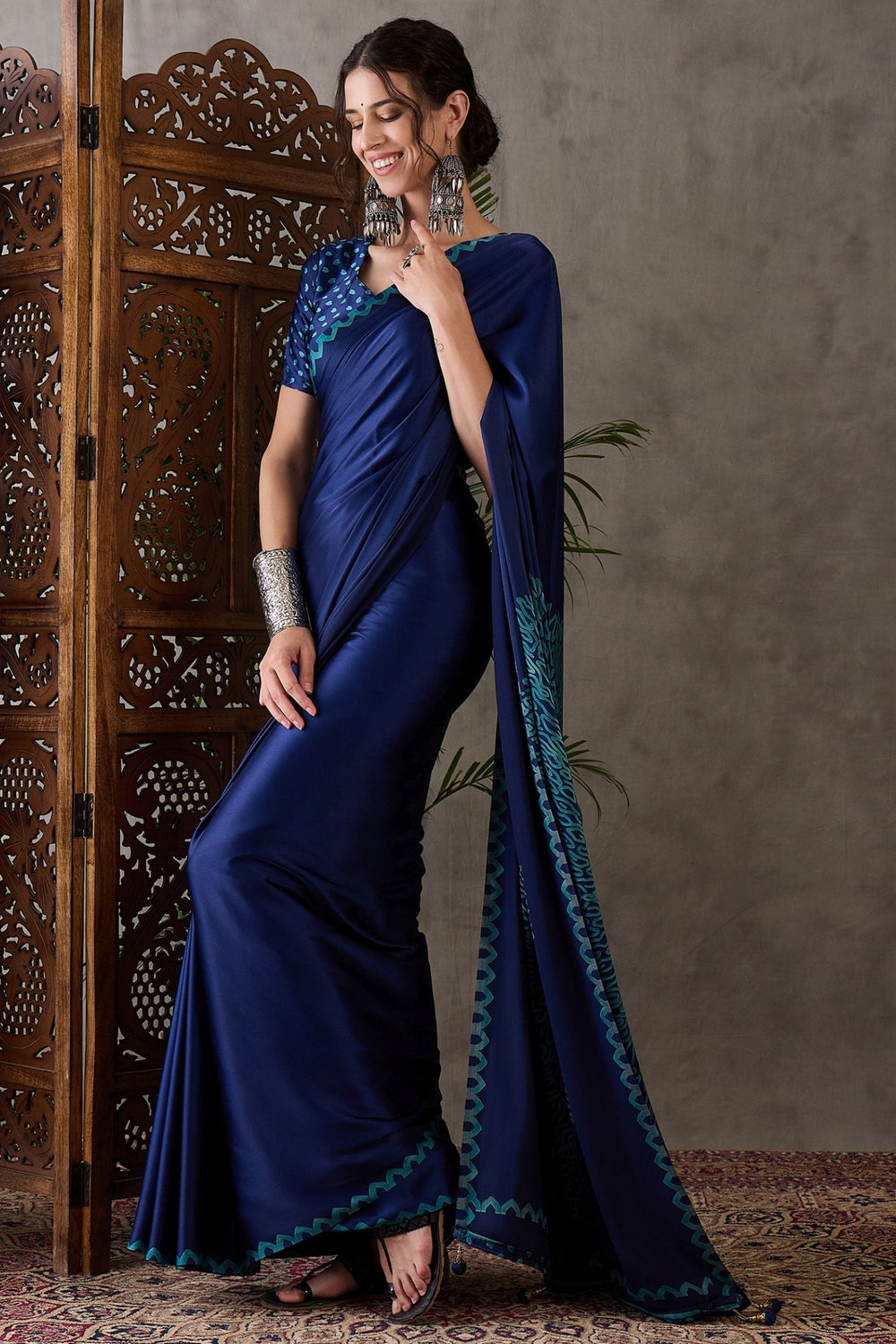 Blue Pure Gaji Silk Satin Printed Saree