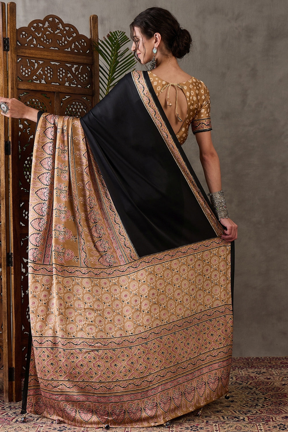 Ebony Black Pure Soft Modal Satin Ajrakh Print Satin Saree Japan Satin Saree Anant Tex Exports Pvt.Ltd..