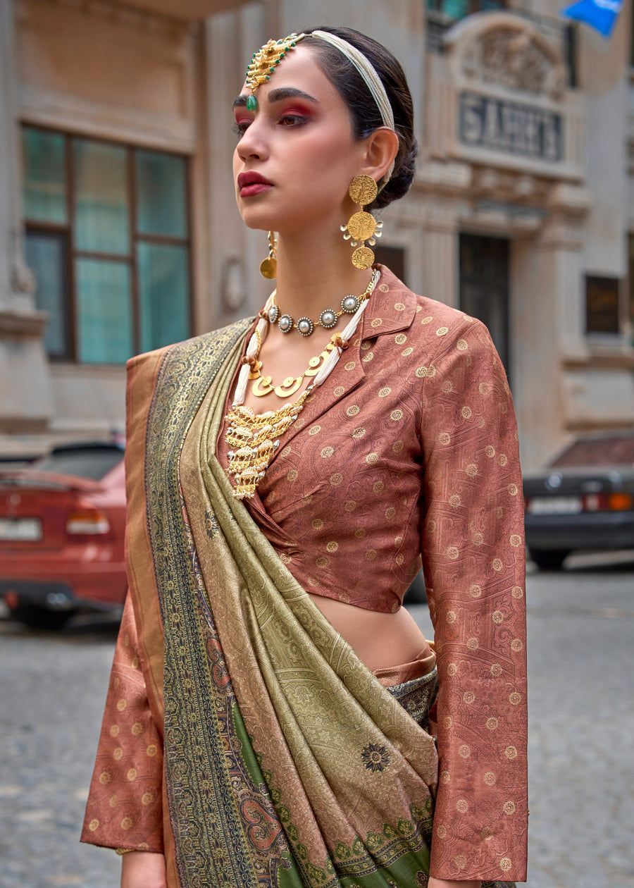 Olive Pure Viscose Silk Blend Foil Print Saree 