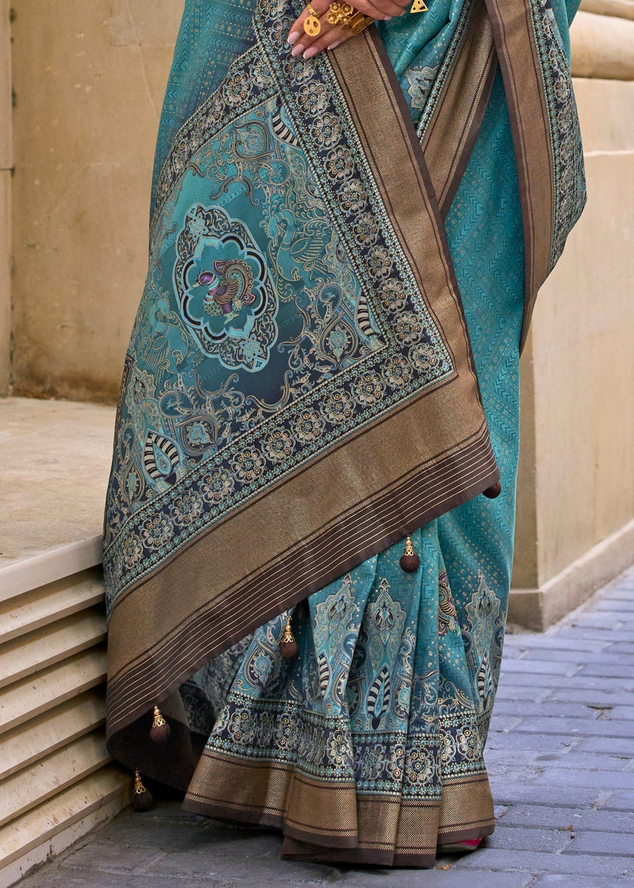 Blue Pure Viscose Silk Blend Foil Print Saree