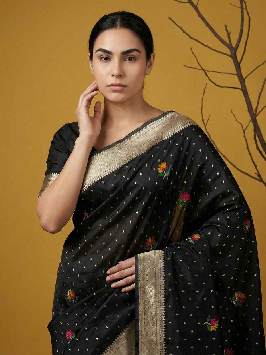 Black Pure Organza Silk Meenakari Jamdani Zari Woven Organza Saree