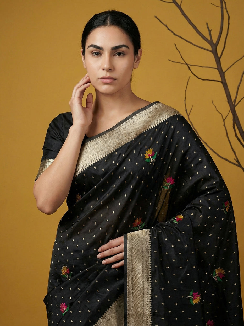 Black Pure Organza Silk Meenakari Jamdani Zari Woven Organza Saree
