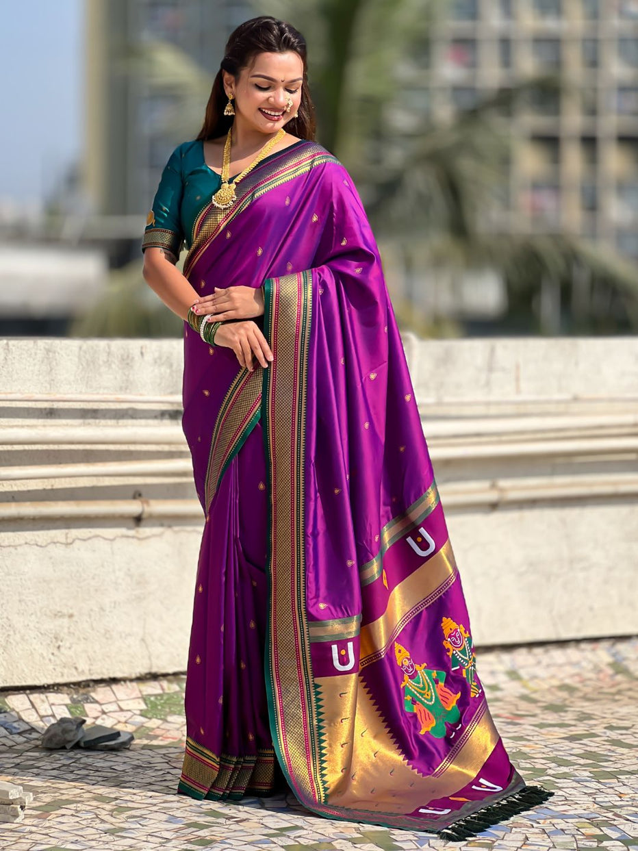Purple Pure Rakhumai Silk Vitthala Paithani Soft Silk Saree