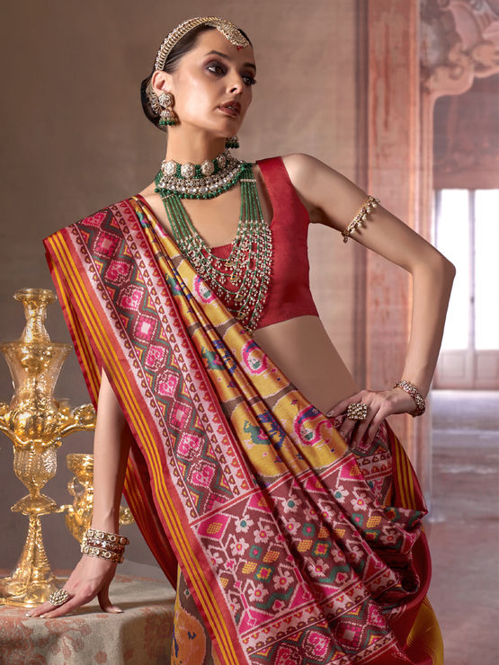 Red & Yellow Pure P.V Silk Printed Patan Patola Silk Saree ##color## Patola Saree with premium fabric and embroidery