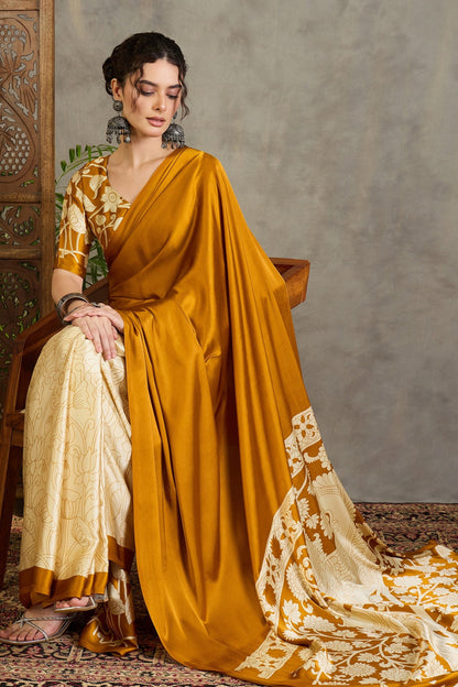 Yellow Kalamkari Printed Satin Silk Saree 