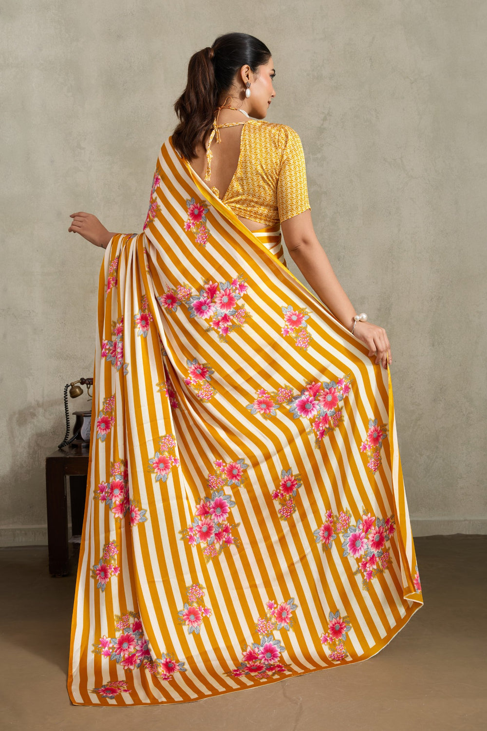 Yellow Pure Soft Modal Satin Ajrakh Print Satin Saree Japan Satin Saree Anant Tex Exports Pvt.Ltd..