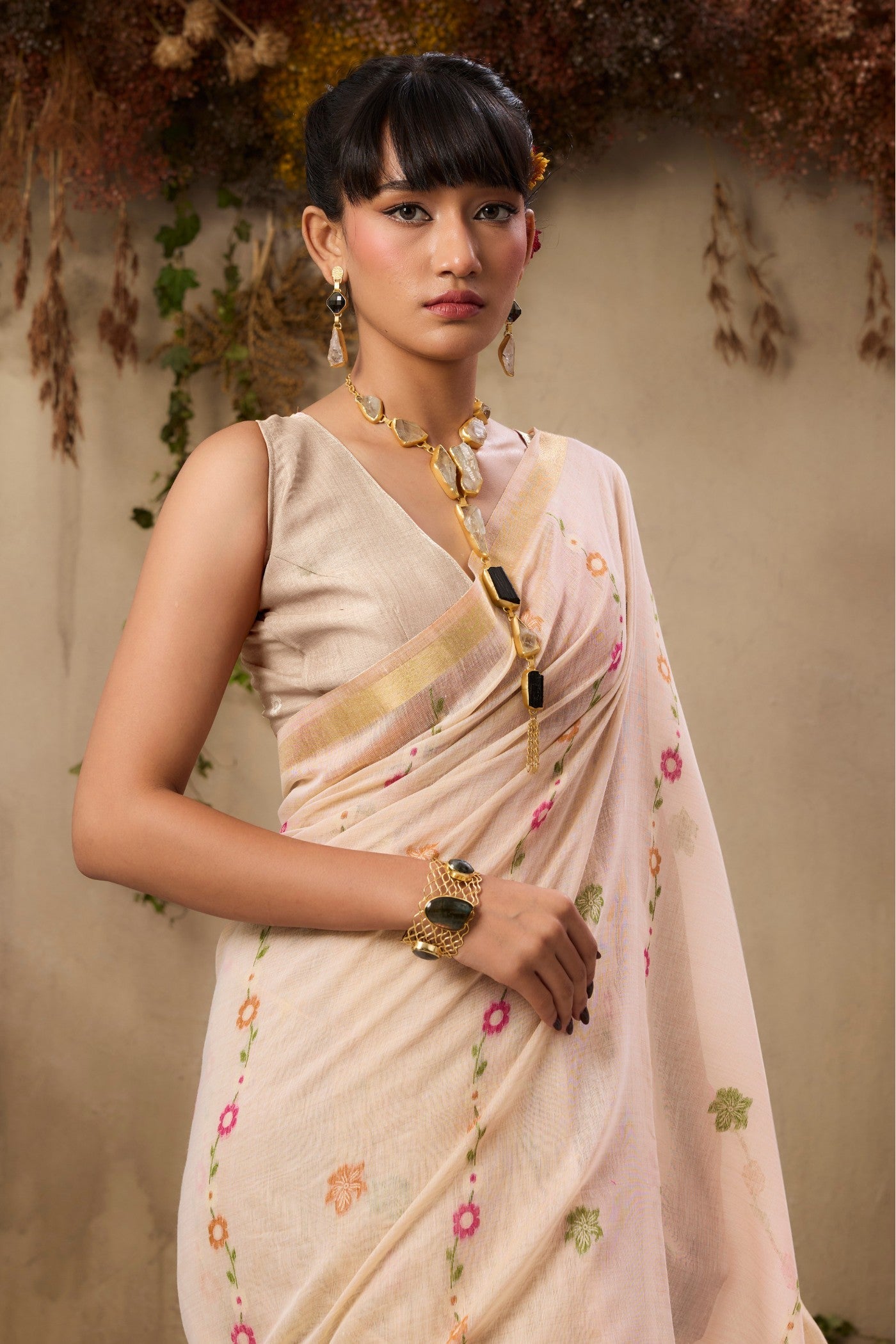 Coconut Cream Pure Soft Handloom Muga Cotton Saree 