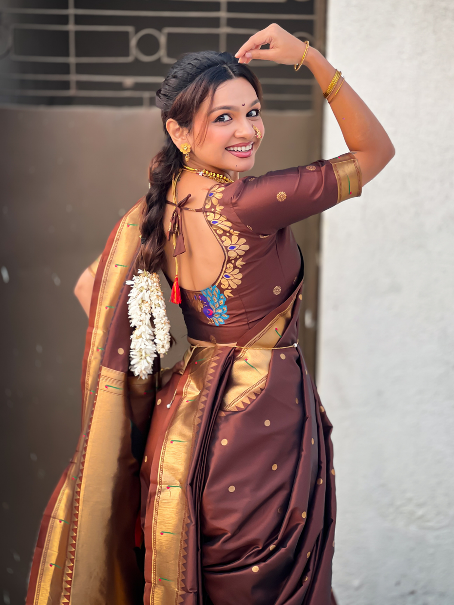 Coffee Wedding Special Nauvari Paithani Soft Silk Saree 