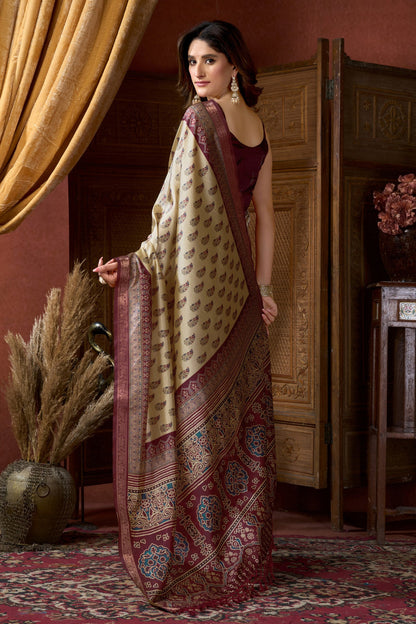 Cream Pure Cluster Silk Ajarkh Digital Printed Saree 