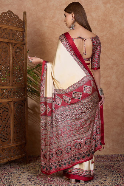 Cream and Red Pure Soft Modal Satin Ajrakh Print Satin Saree Japan Satin Saree Anant Tex Exports Pvt.Ltd..