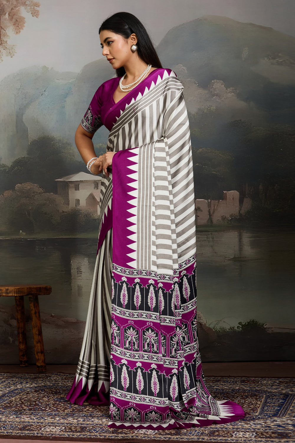 White and Purple Pure Ajrakh Printed Satin Crepe Silk Saree ##color## Floral Printed Saree with premium fabric and embroidery