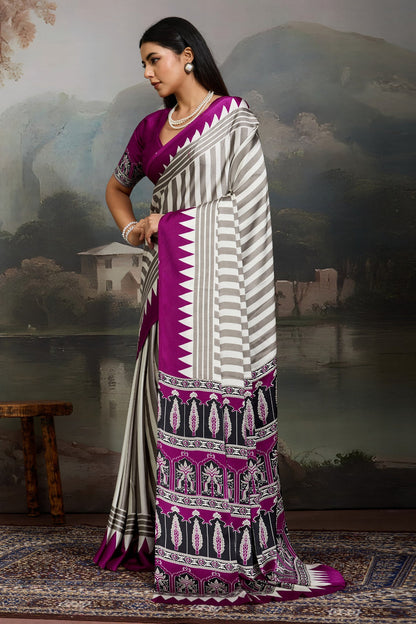 White and Purple Pure Ajrakh Printed Satin Crepe Silk Saree 