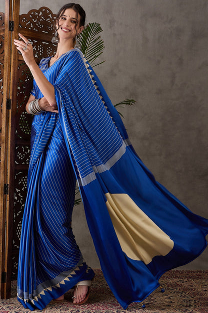 Blue Printed Satin Gaji Silk Saree 