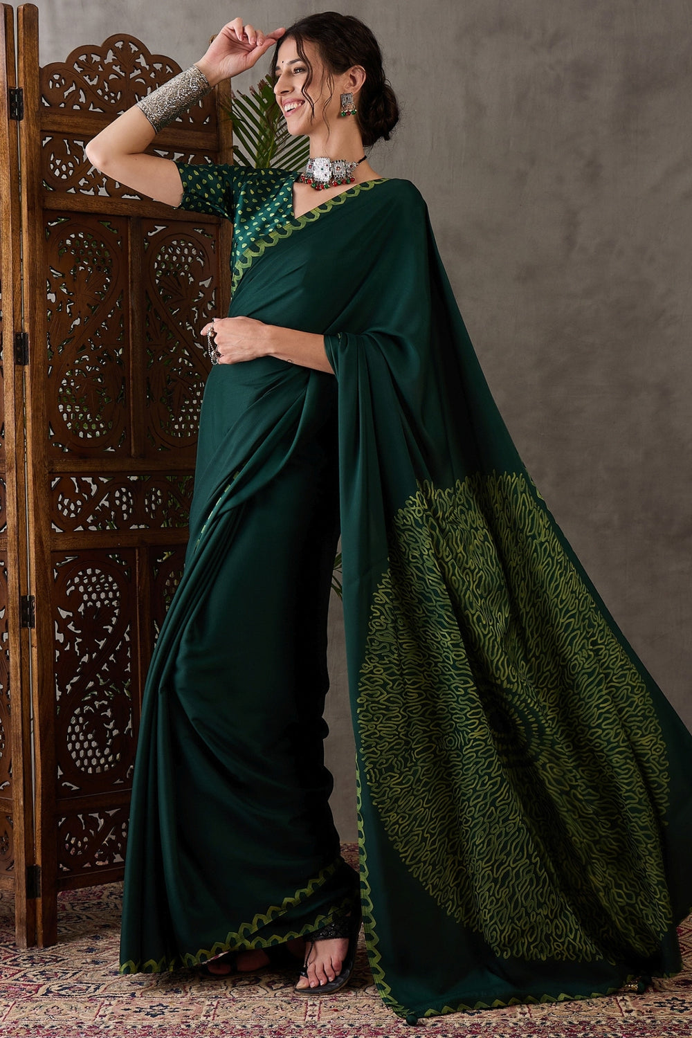 Green Pure Gaji Silk Satin Printed Saree ##color## Japan Satin Saree with premium fabric and embroidery