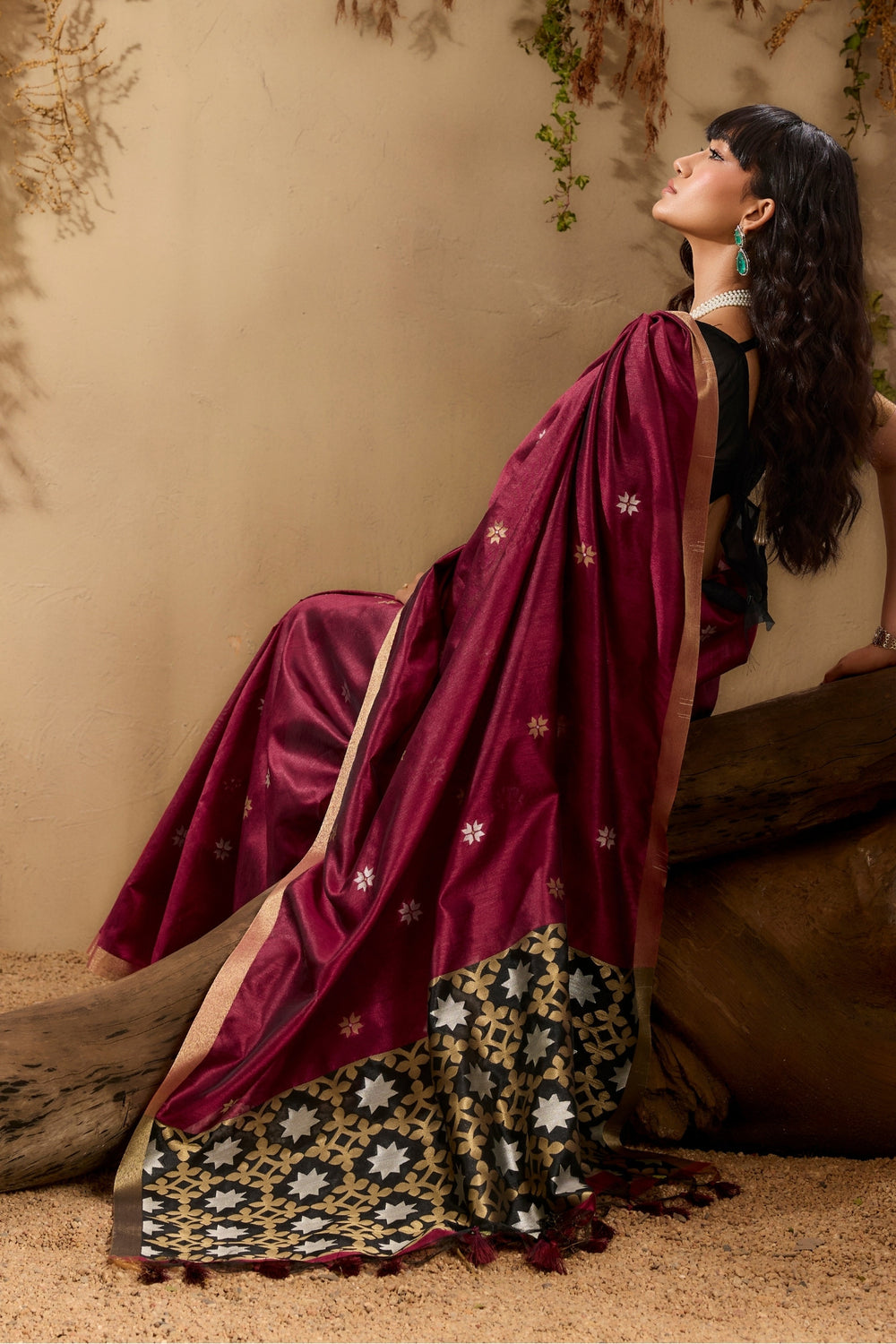 Mahogany Red Pure Tussar Handloom Silk Saree 