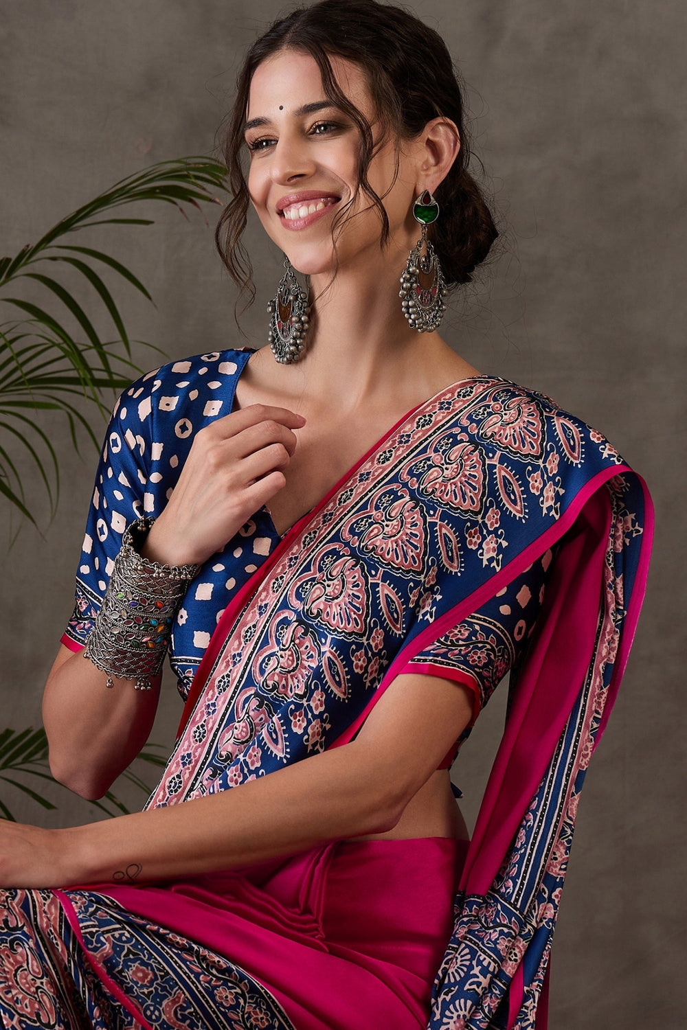 Magenta Pink Pure Soft Modal Satin Ajrakh Print Satin Saree Japan Satin Saree Anant Tex Exports Pvt.Ltd..