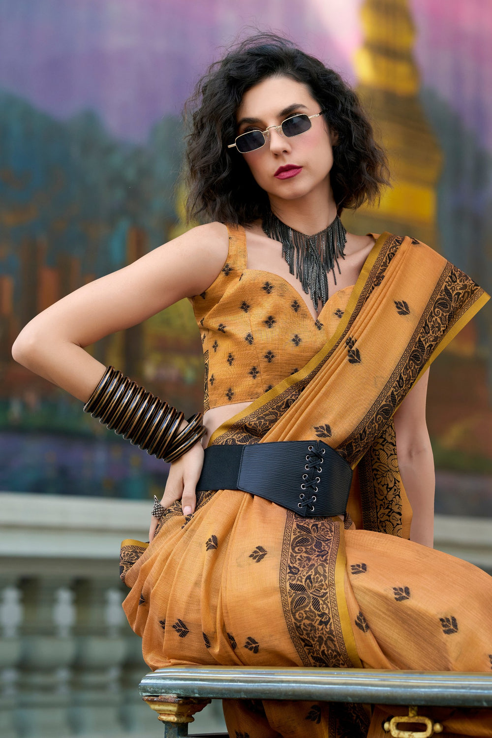 Orange Pure Tussar Linen Handloom Silk With Weaving Silk Saree