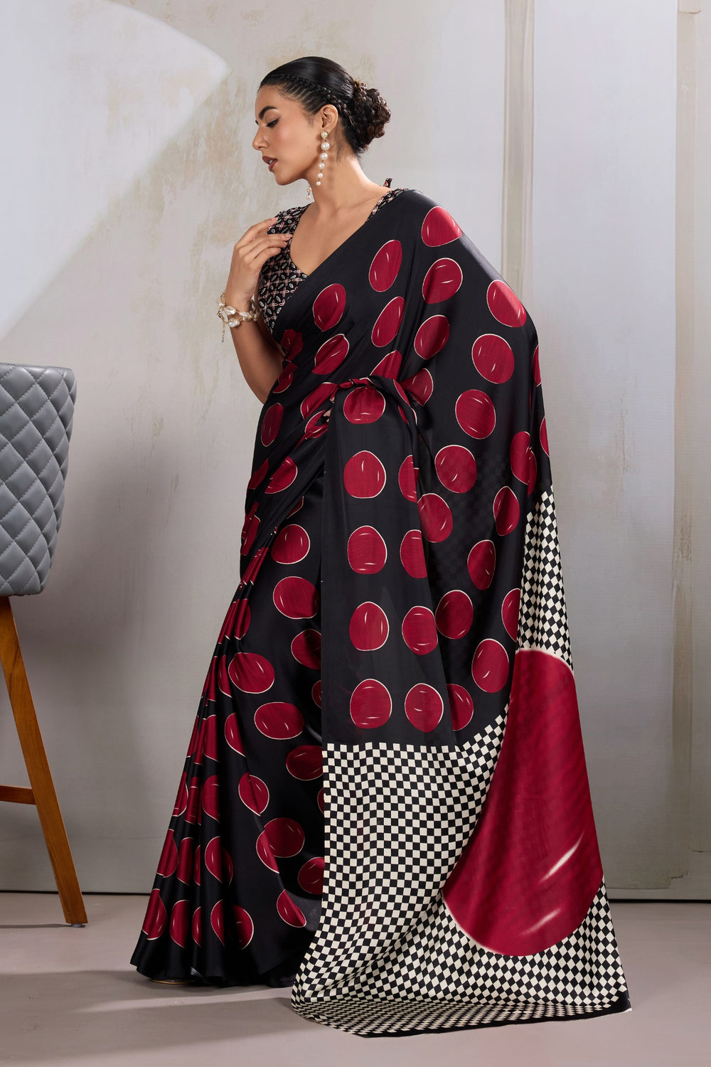 Red Printed Polka Dots Satin Crepe Saree 