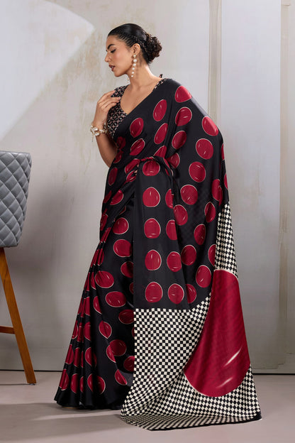 Red Printed Polka Dots Satin Crepe Saree 