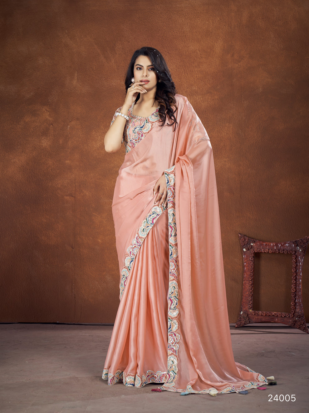 Satin Silk Embroidered Work Saree