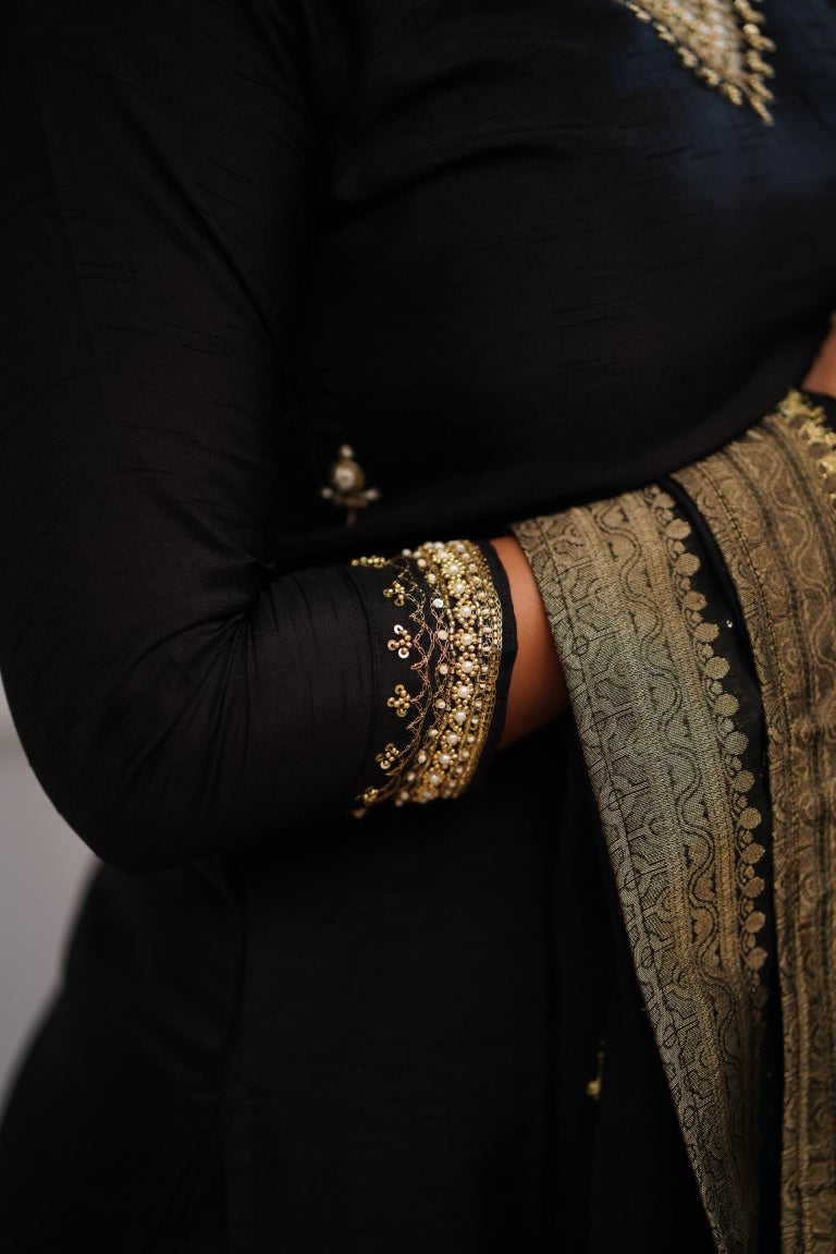Black Viscose Chanderi Kurti Set with Jacquard Dupatta