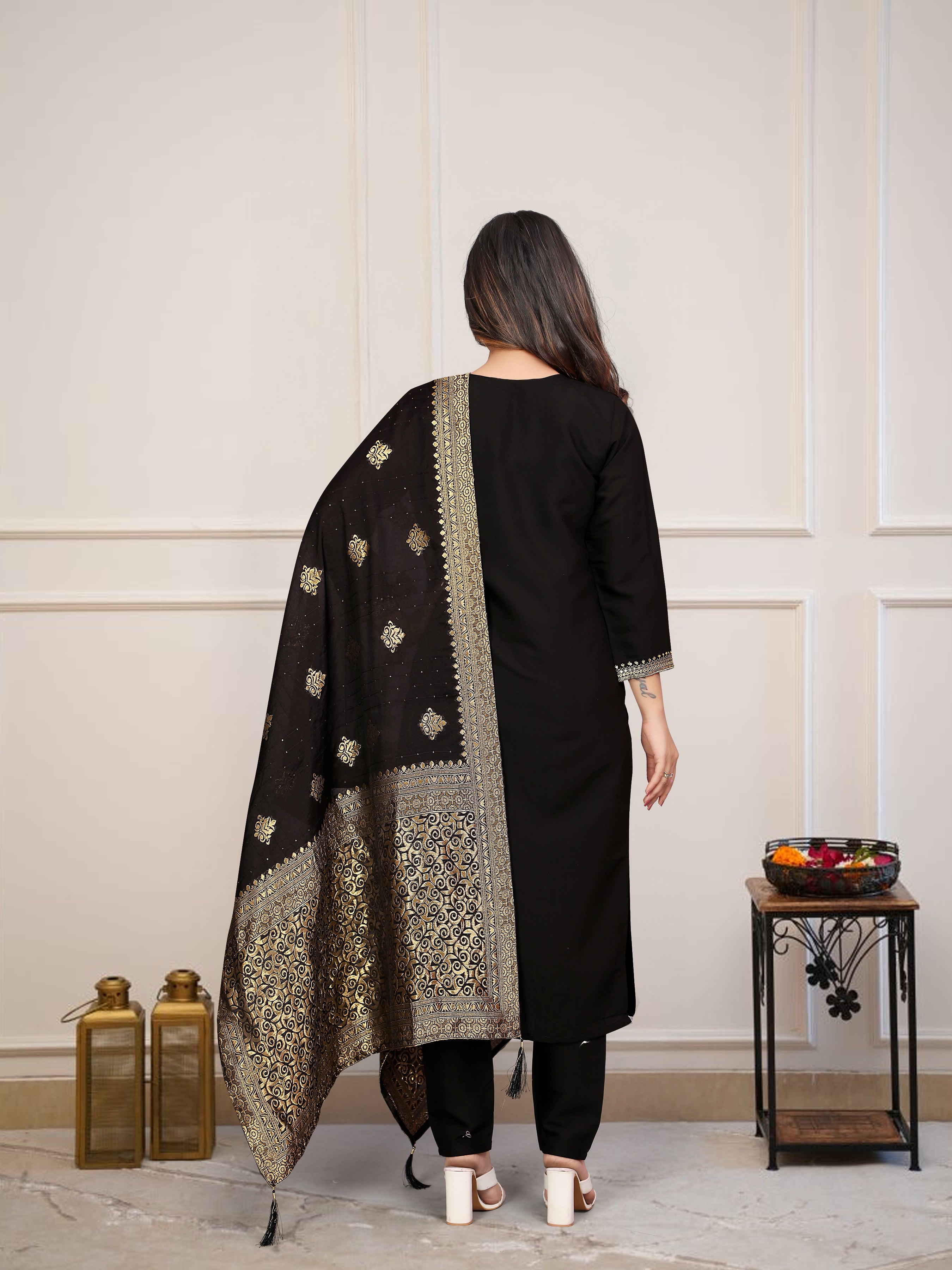 Black Viscose Chanderi Kurti Set with Jacquard Dupatta