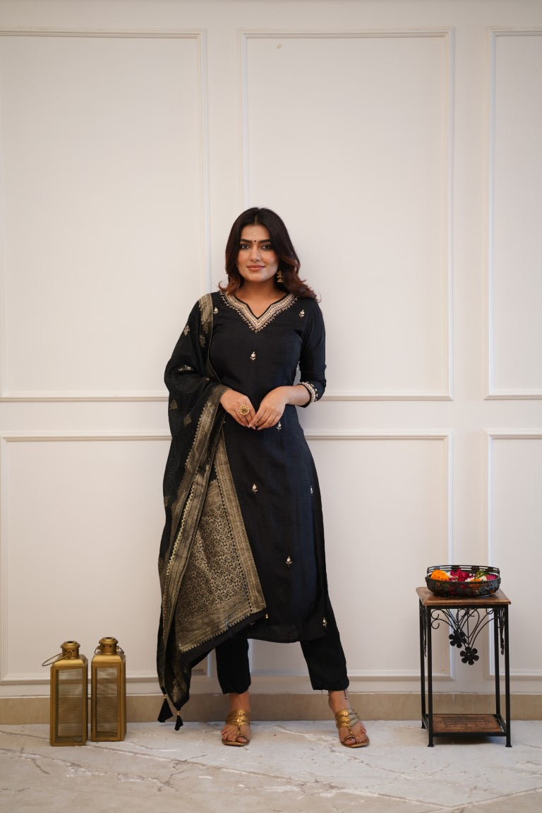 Black Viscose Chanderi Kurti Set with Jacquard Dupatta