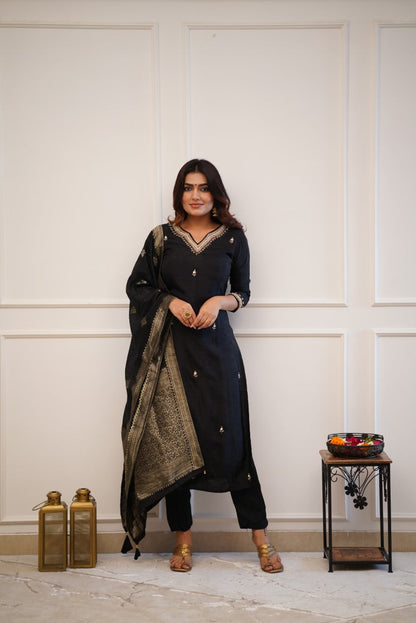 Black Viscose Chanderi Kurti Set with Jacquard Dupatta