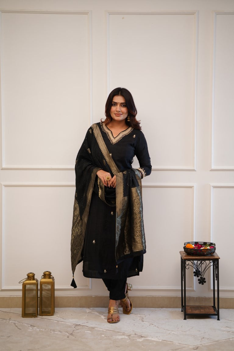 Black Viscose Chanderi Kurti Set with Jacquard Dupatta