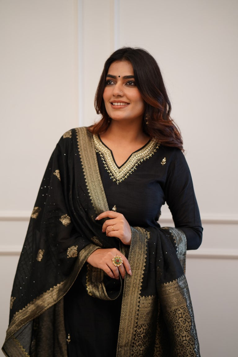 Black Viscose Chanderi Kurti Set with Jacquard Dupatta