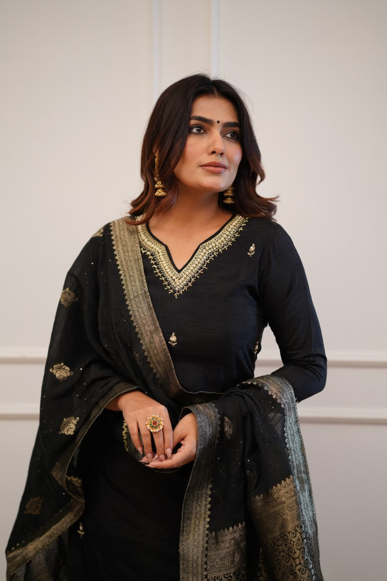 Black Viscose Chanderi Kurti Set with Jacquard Dupatta