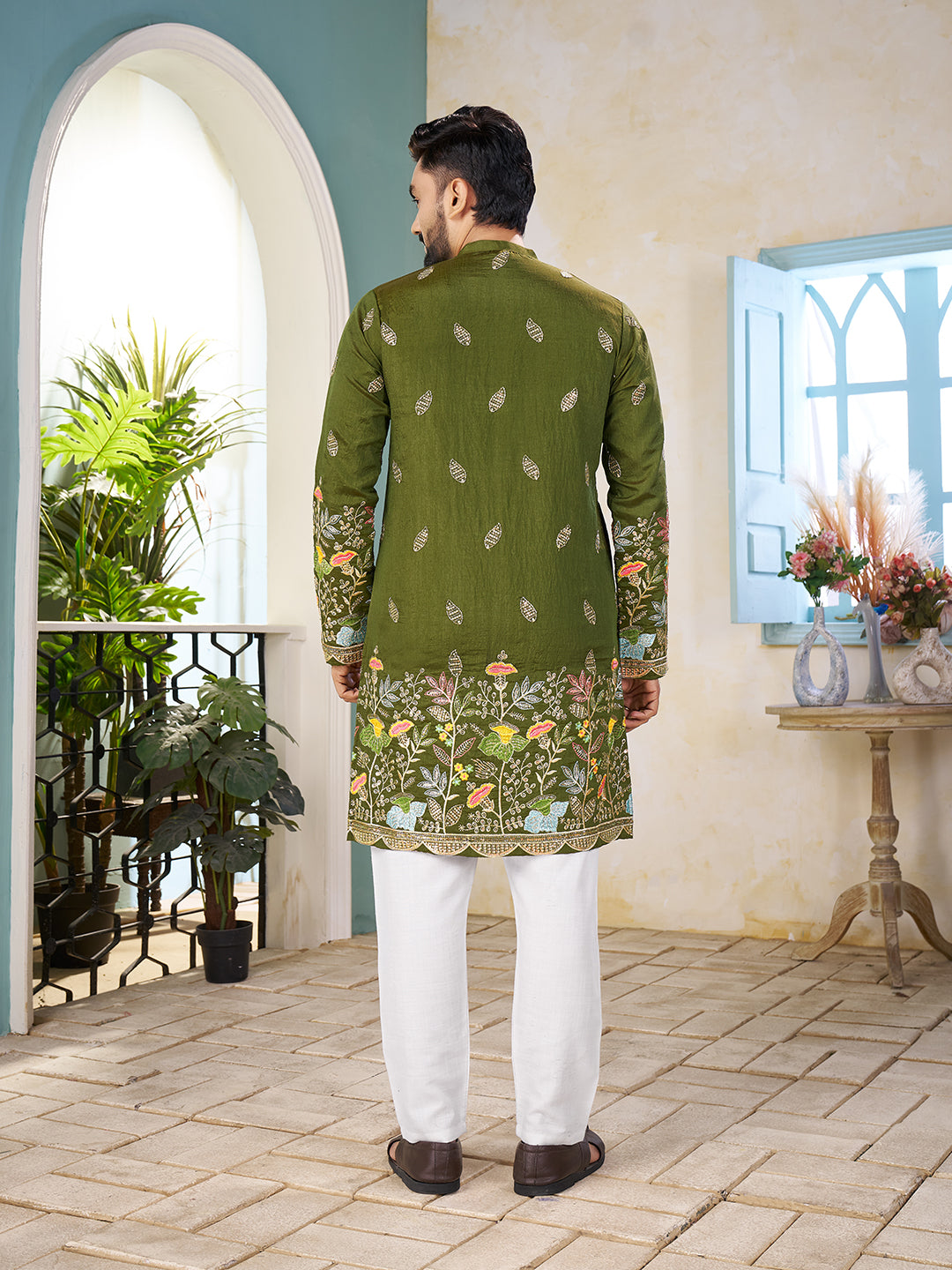 Mehandi Pure Soft Georgette Cranchi Silk Heavy Embroidery Work Kurta Pajama