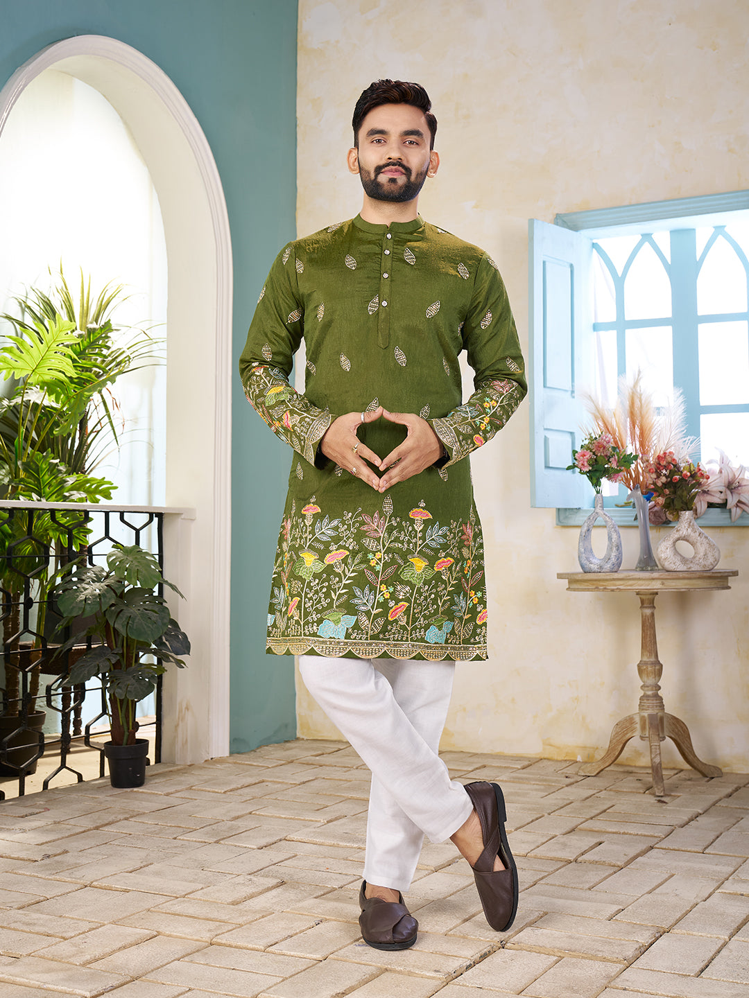 Mehandi Pure Soft Georgette Cranchi Silk Heavy Embroidery Work Kurta Pajama