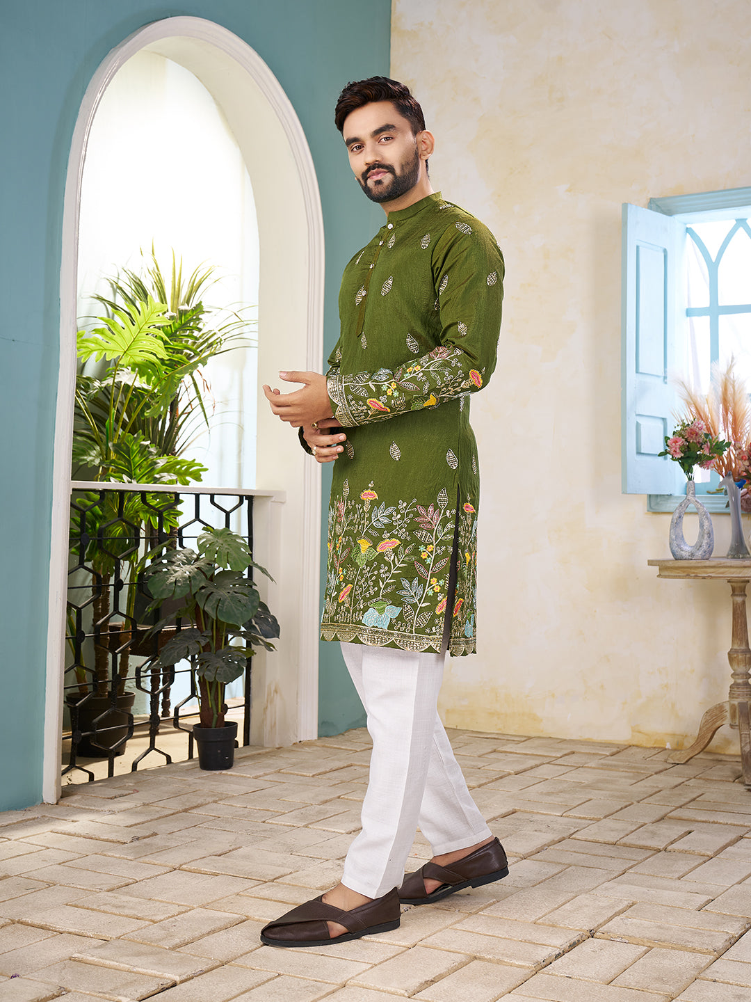 Mehandi Pure Soft Georgette Cranchi Silk Heavy Embroidery Work Kurta Pajama
