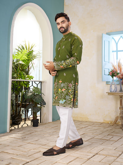 Mehandi Pure Soft Georgette Cranchi Silk Heavy Embroidery Work Kurta Pajama Kurta Pajama Anant Tex Exports Pvt.Ltd..