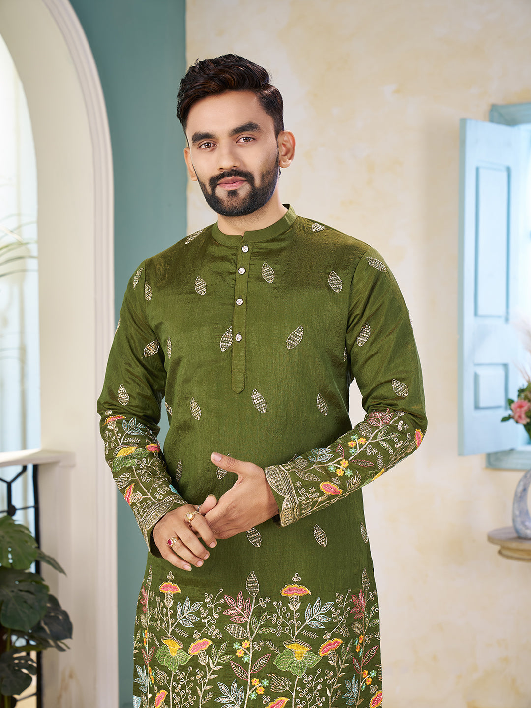 Mehandi Pure Soft Georgette Cranchi Silk Heavy Embroidery Work Kurta Pajama Kurta Pajama Anant Tex Exports Pvt.Ltd..
