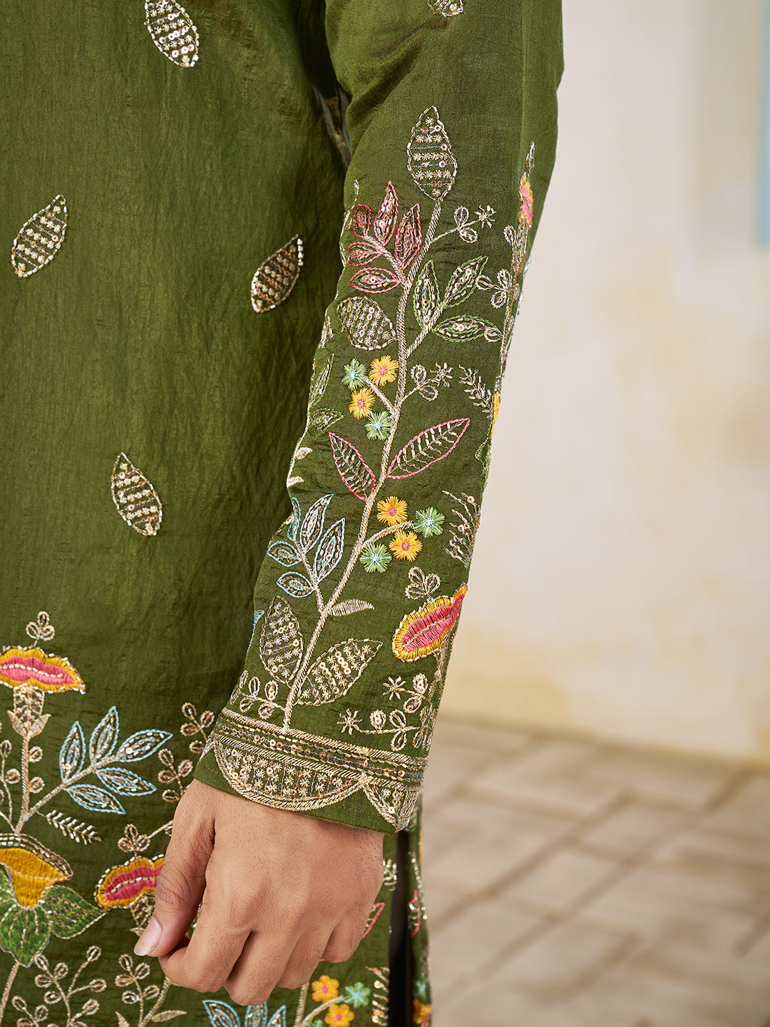 Mehandi Pure Soft Georgette Cranchi Silk Heavy Embroidery Work Kurta Pajama