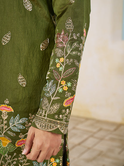 Mehandi Pure Soft Georgette Cranchi Silk Heavy Embroidery Work Kurta Pajama Kurta Pajama Anant Tex Exports Pvt.Ltd..