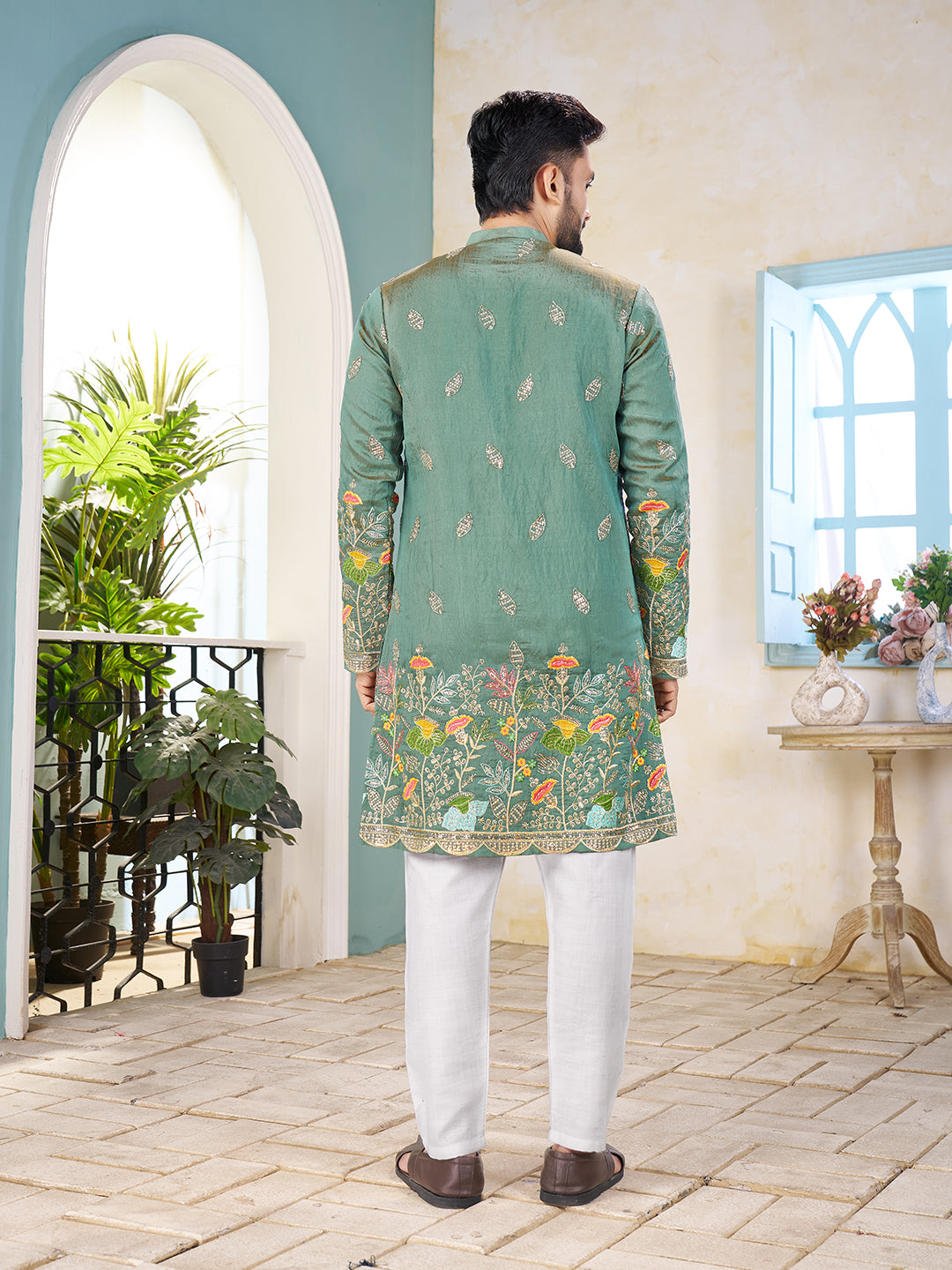 Pista Green Pure Soft Georgette Cranchi Silk Heavy Embroidery Work Kurta Pajama Kurta Pajama Anant Tex Exports Pvt.Ltd..