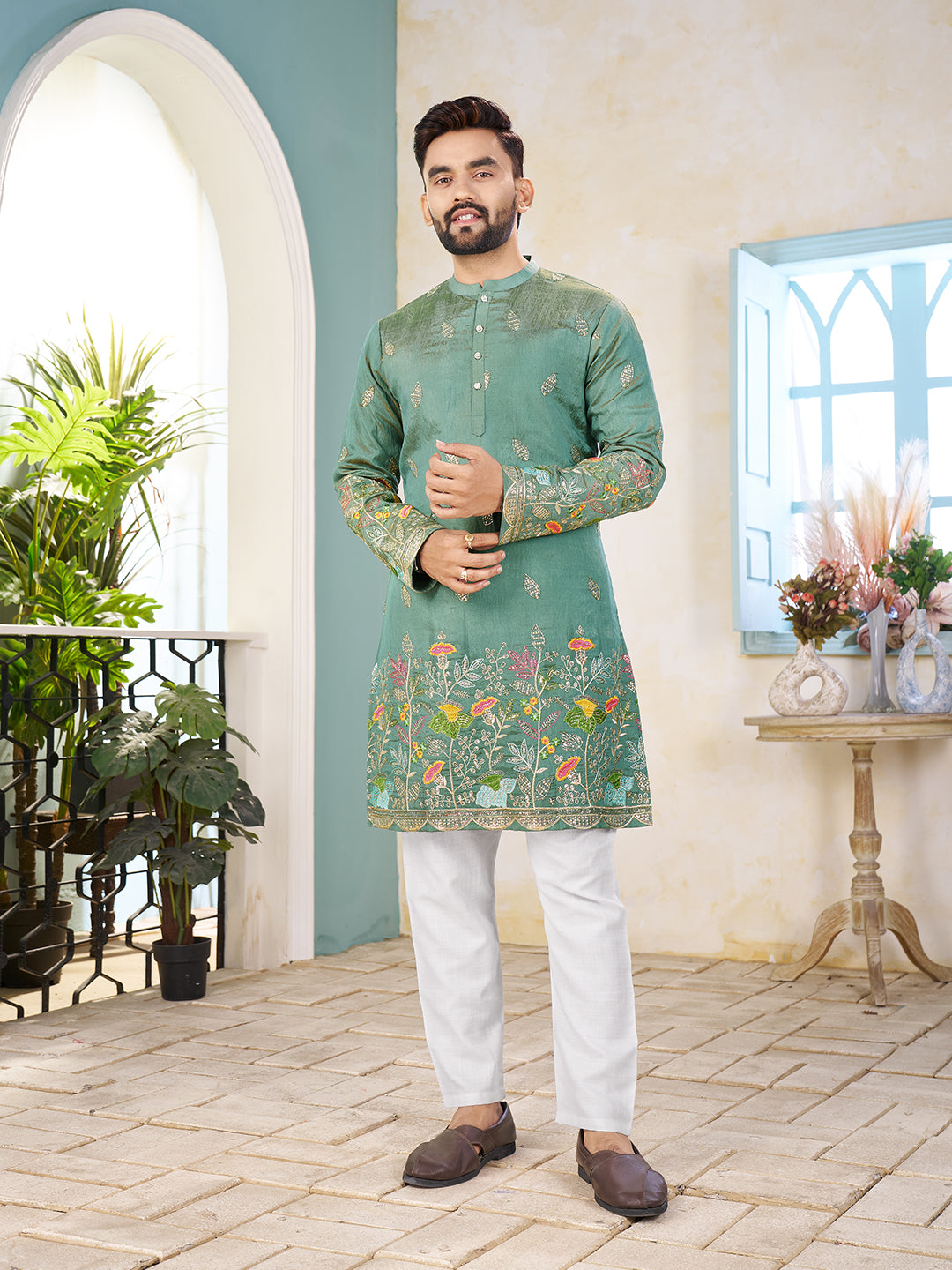 Pista Green Pure Soft Georgette Cranchi Silk Heavy Embroidery Work Kurta Pajama