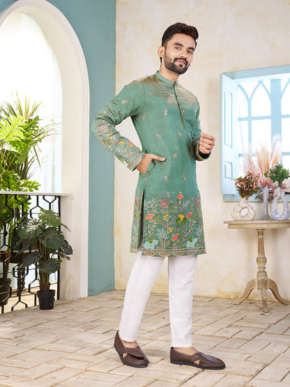 Pista Green Pure Soft Georgette Cranchi Silk Heavy Embroidery Work Kurta Pajama Kurta Pajama Anant Tex Exports Pvt.Ltd..