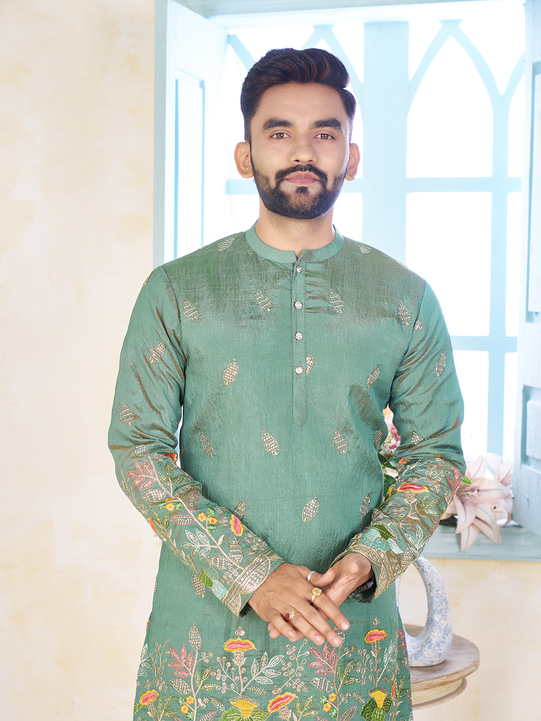 Pista Green Pure Soft Georgette Cranchi Silk Heavy Embroidery Work Kurta Pajama Kurta Pajama Anant Tex Exports Pvt.Ltd..