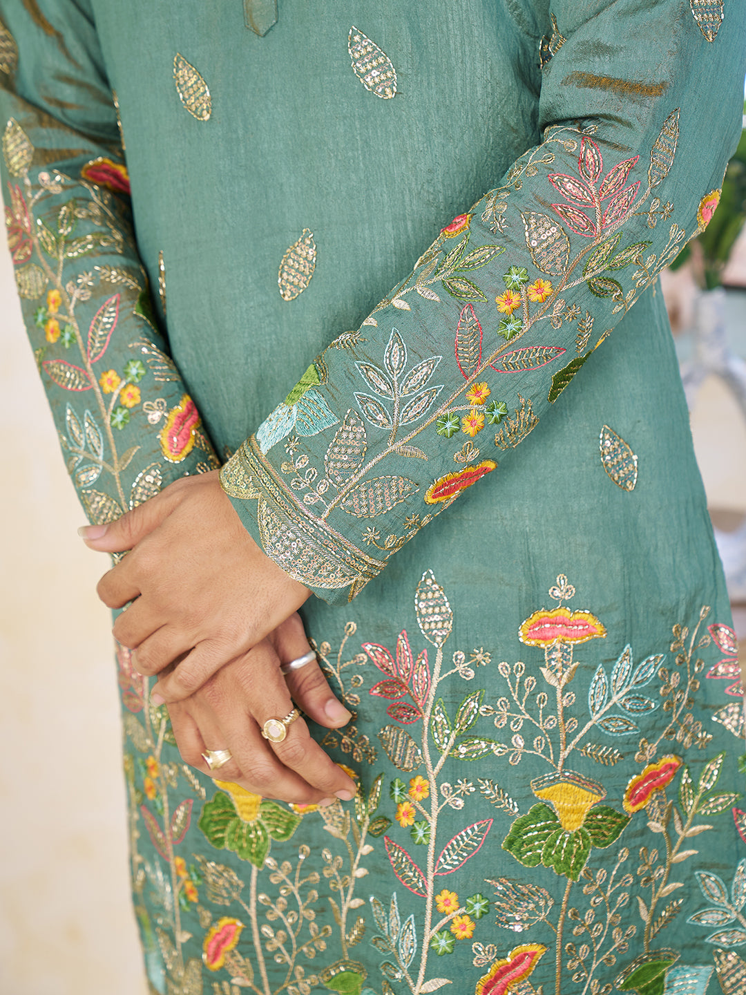 Pista Green Pure Soft Georgette Cranchi Silk Heavy Embroidery Work Kurta Pajama Kurta Pajama Anant Tex Exports Pvt.Ltd..