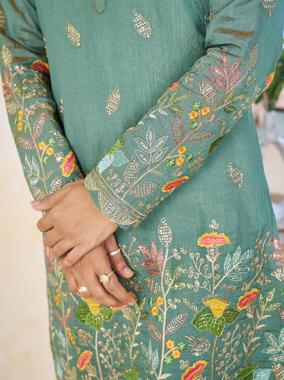 Pista Green Pure Soft Georgette Cranchi Silk Heavy Embroidery Work Kurta Pajama Kurta Pajama Anant Tex Exports Pvt.Ltd..