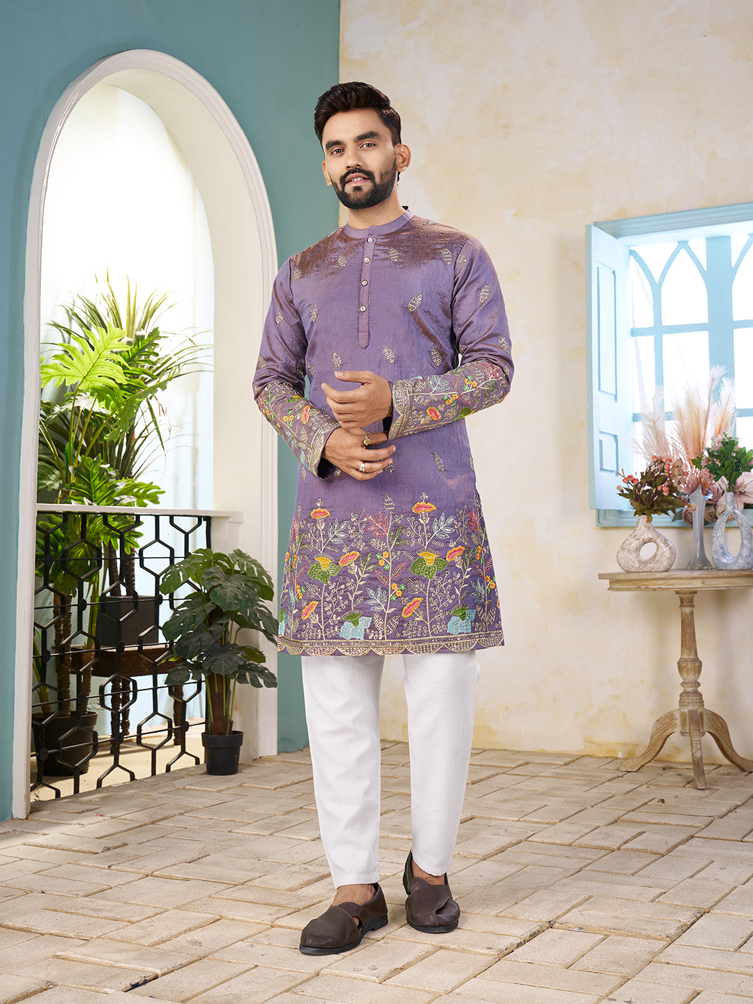 Purple Pure Soft Georgette Cranchi Silk Heavy Embroidery Work Kurta Pajama Kurta Pajama Anant Tex Exports Pvt.Ltd..