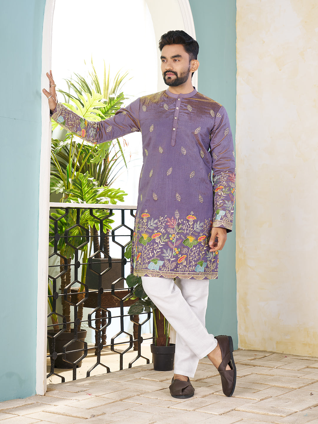 Purple Pure Soft Georgette Cranchi Silk Heavy Embroidery Work Kurta Pajama