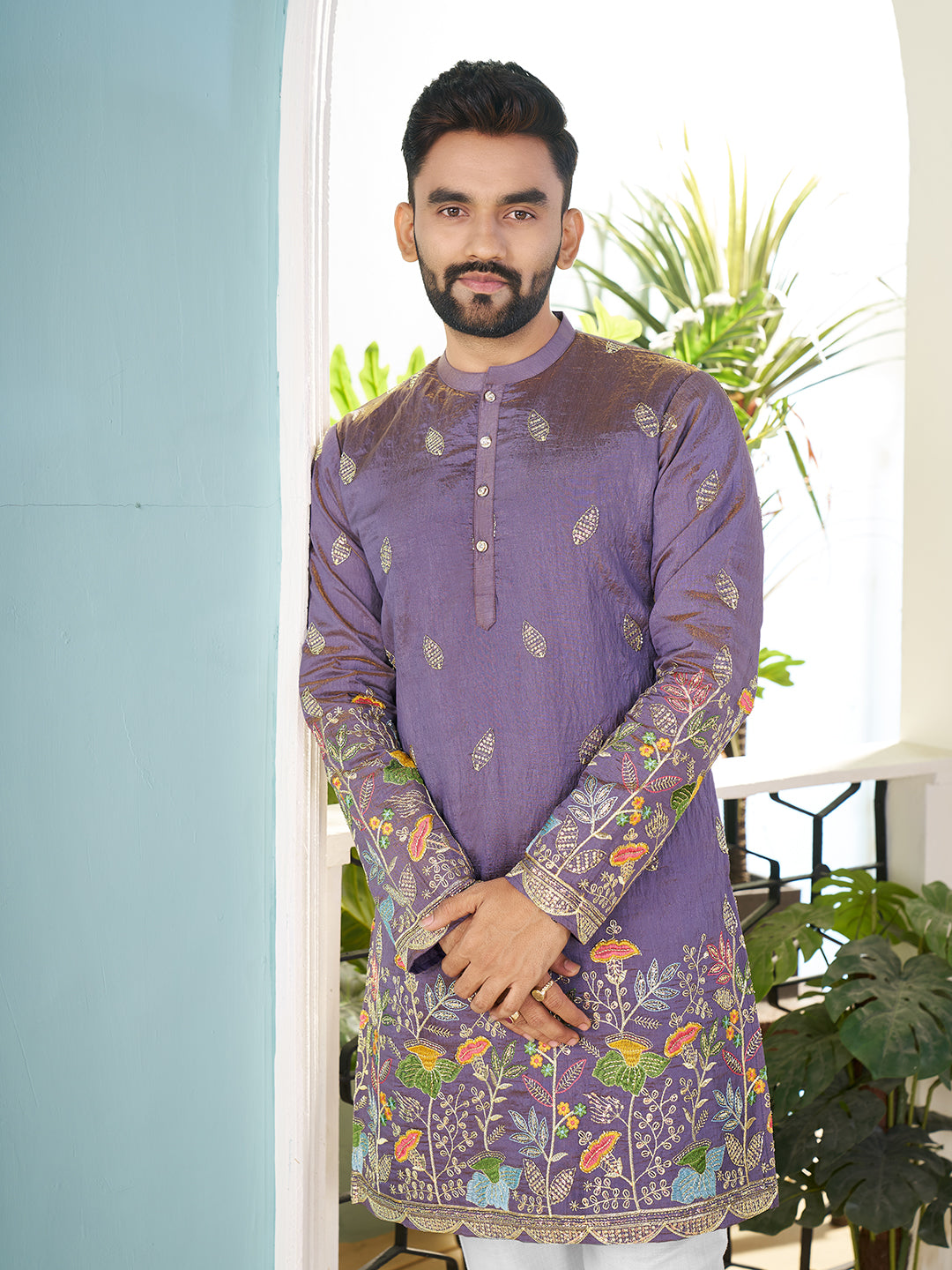 Purple Pure Soft Georgette Cranchi Silk Heavy Embroidery Work Kurta Pajama Kurta Pajama Anant Tex Exports Pvt.Ltd..
