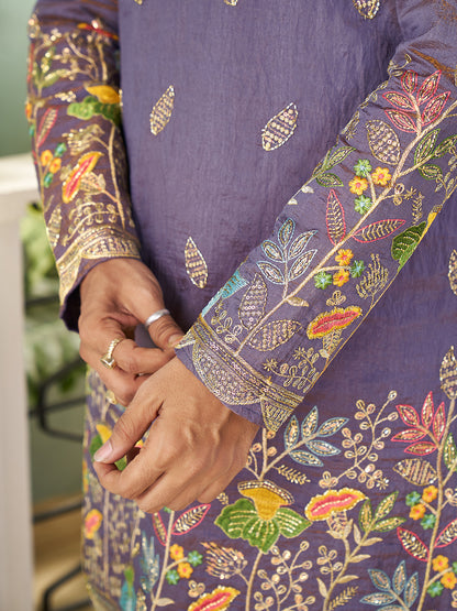 Purple Pure Soft Georgette Cranchi Silk Heavy Embroidery Work Kurta Pajama Kurta Pajama Anant Tex Exports Pvt.Ltd..